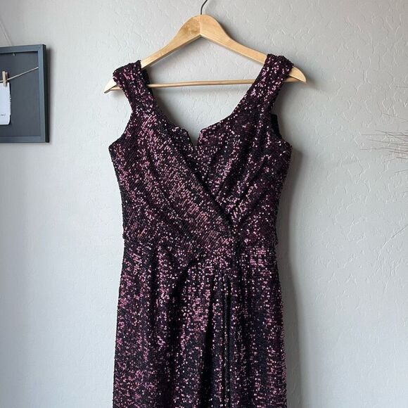 Rene Ruiz Gown Burgundy‎ Off the Shoulder Sequin Cocktail Formal Maxi Dress Sz 4 - Picture 3 of 12